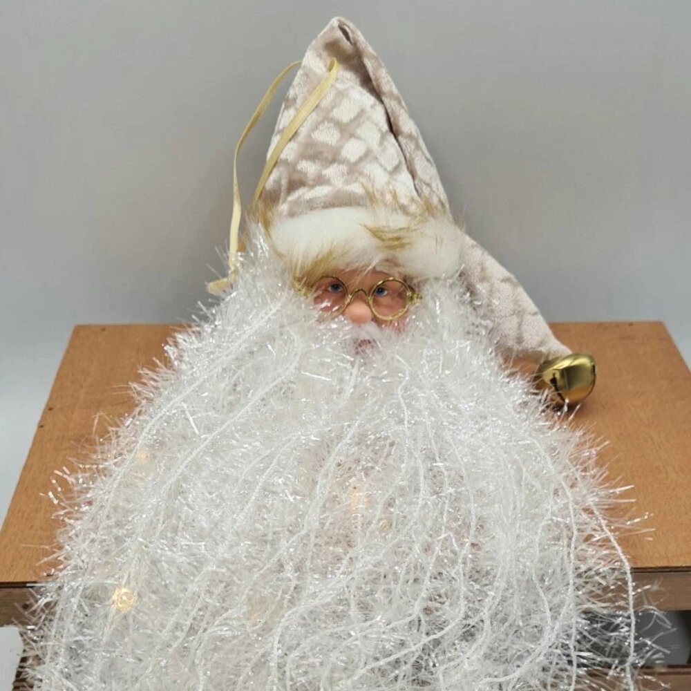 Long Beard Santa Claus Head with Gold Hat 24" Hanging Light Up Decoration